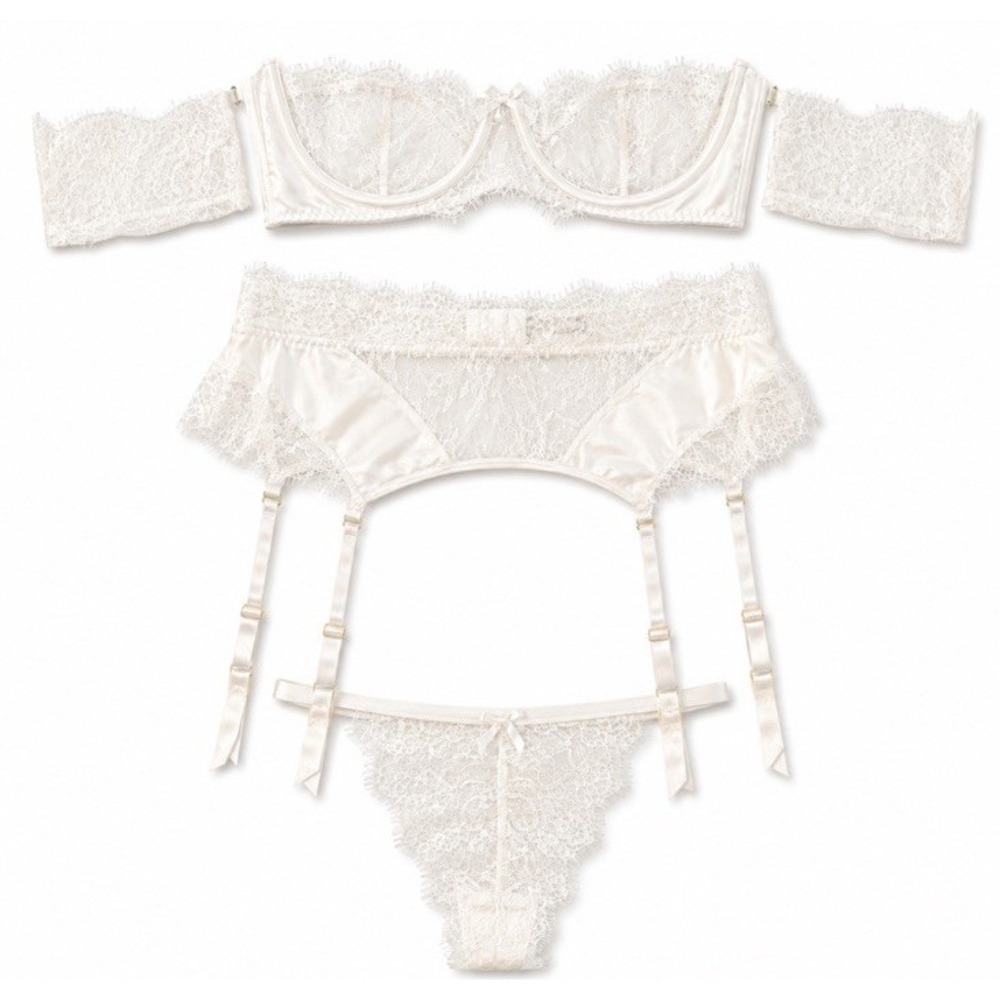 House of Desire Bridal Satin & Lace Strapless Bra, Garter Belt & Tanga XL NWT
